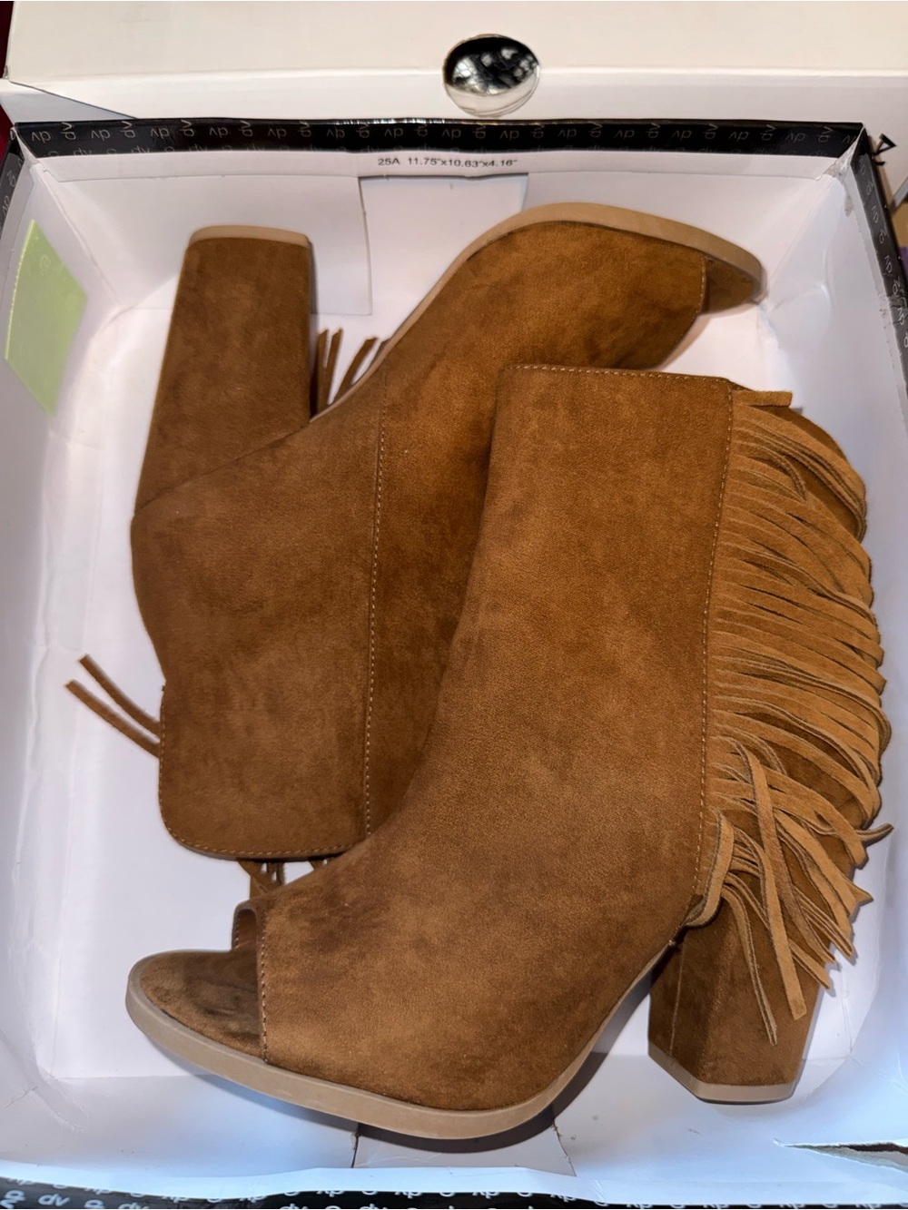 Dolce Vita Tan Suede Fringe Peep-Toe Block Heel Booties